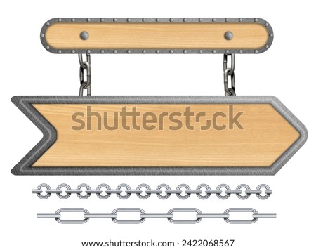 nameplate on a chain, a wooden sign hanging on a chain, a banner for advertising and announcements, a target sign isolated from the background