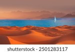 Namib desert with Atlantic ocean meets near Skeleton coast with lone yacht - Namibia, South Africa