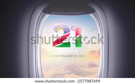 Namibia independence date view from airplane window. A beautful view from aeroplane plane. Namibia national flag for independence day.