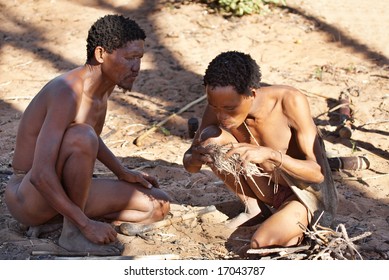 Namibia, Kalahari Desert, May 6, 2007: Two Bushmen Hunters Has Kindle A Fire