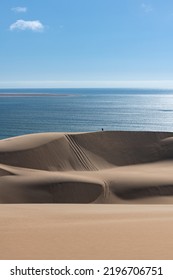 Namibia, The Namib Desert, Landscape Of Yellow Dunes Falling Into The Sea, With Two People Standing In Background