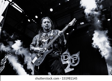 NAMPA, IDAHO - JULY 2: Black And White Image Of Zoltan Bathory On The Stage As He Tours With Mastodon At The Rockstar Mayhem Festival In Nampa, Idaho July 2nd, 2013.