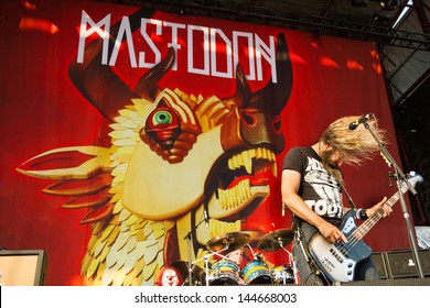 NAMPA/IDAHO - JULY 2: Troy Sanders Of Mastodon on stage with his Jaguar bass at Mayhem Festival in Nampa, Idaho July 2nd, 2013