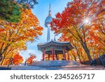 Namsan Tower and pavilion during the autumn leaves in Seoul, South Korea.