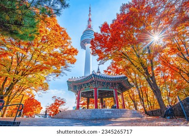 Namsan Tower and pavilion during the autumn leaves in Seoul, South Korea.