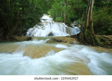 Namtok Zepla (Zepala waterfall)  ,medium size limestone waterfall is located in the area of Ban Zepla, Tambon Mae Lamung ,Umphang district ,Tak province,Thailand  - Shutterstock ID 2195452927