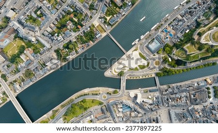 Namur, Belgium. Arrow at the confluence of the Sambre and Meuse rivers, Aerial View  