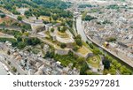 Namur, Belgium. Citadelle de Namur - 10th-century fortress with a park, rebuilt several times. Panorama of the central part of the city. River Meuse. Summer day, Aerial View  