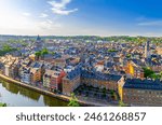 Namur cityscape, aerial panoramic view of Namur city historical center with Sambre river embankment and St Aubin