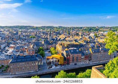 Namur cityscape, aerial panoramic view of old town Namur city historical center with Sambre river embankment, skyline panorama of Namur fields on horizon, Wallonia, Walloon Region, Belgium - Powered by Shutterstock