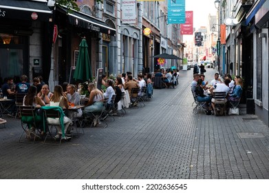 Namur, Wallon Region, Belgium, 07 28 2022 - Students Eating Outside At Terraces