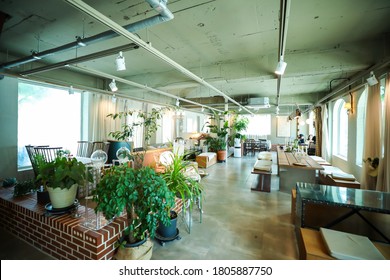 Namyangju,South Korea-June 2019: Modern Restaurant Interior With A Lot Of Home Plant Decorations