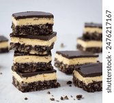 Nanaimo bars - traditional Canadian dessert with wafer crumbs, almond, walnut and cocoa layer, vanilla custard filling and chocolate topping, nanaimo bar scone