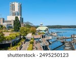 Nanaimo BC Canada waterfront view businesses and marina architecture. 