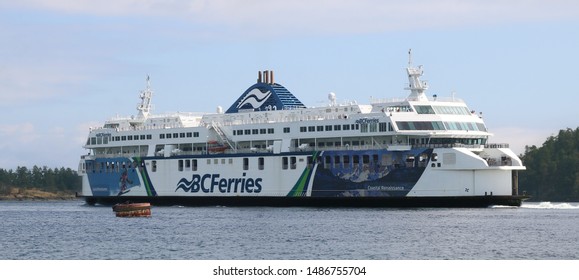Nanaimo, British Columbia / Canada - August 18, 2019: BC Ferries Coastal Renaissance leaving dock at Departure Bay ferry terminal