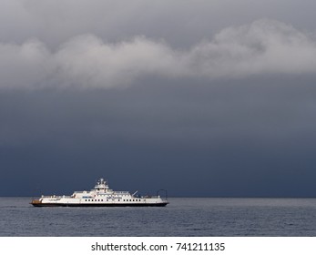 Nanaimo, Canada - December 5, 2016: A BC Ferries ship from Nanaimo on Vancouver Island to Gabriola Island makes a crossing on a stormy winter day. Both islands are in British Columbia, Canada.