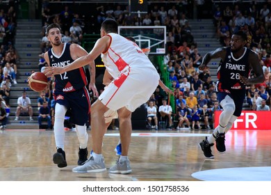 Nando De Colo Of France And Milko Bjelica Of Montenegro During Friendly Game Basketball Match Between France Vs Montenegro 8,15,2019 Astroballe Lyon France