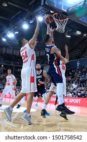 Nando De Colo Of France And Milko Bjelica Of Montenegro During Friendly Game Basketball Match Between France Vs Montenegro 8,15,2019 Astroballe Lyon France