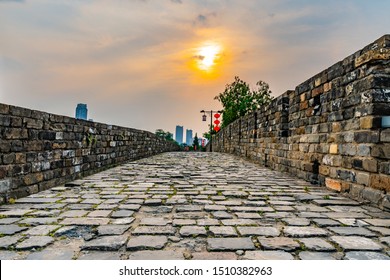 Nanjing Chengqiang Ming City Wall Leading Lines During Of The Wall Road With Chinese Lanterns Afternoon Sunset