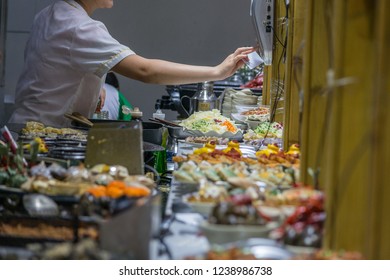 Nanjing / China - July 30th 2015: Various Chinese Food Being Served At A Restaurant In Nanjing, China.