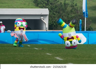 NANJING, CHINA-AUGUST 20: 2014 Summer Youth Olympic Games Mascots, Lulu And Lele, Performs During Final Day Match Of 2014 Youth Olympic Games On August 20, 2014 In Nanjing, China.