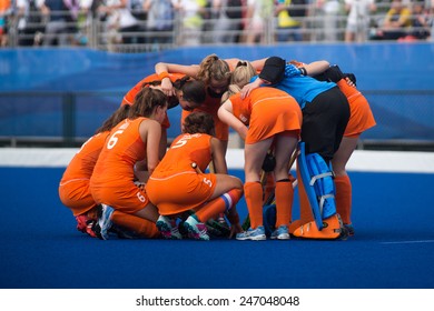 NANJING, CHINA-AUGUST 20: Holland Hockey Team (orange) During Day 4 Match Of 2014 Youth Olympic Games On August 20, 2014 In Nanjing, China.