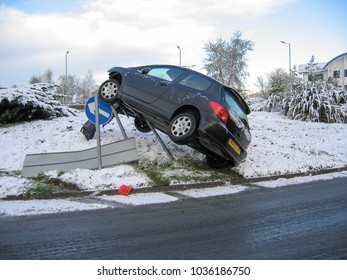 Nantgarw Wales UK 11/25/2005: Car Crashed Into Road Sign On Icy Road