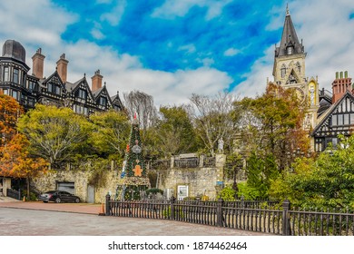 Nantou, Taiwan-December 12, 2020 : Landscape View Of Bald Cypress In Red With Beautiful European Building At Cingjing - Shutterstock ID 1874462464
