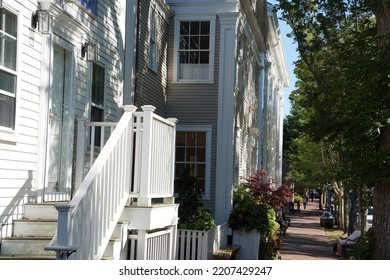 Nantucket Village Old Houses View On Sunny Day Cityscape