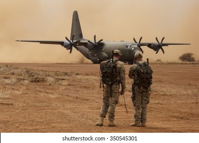 NANYUKI, KENYA - CIRCA OCTOBER 2015 - British RAF Hercules Aircraft On Airstrip During Training Exercise With British Army. Exercise Is To Prepare Army And Airforce For Possible Deployment To Syria.