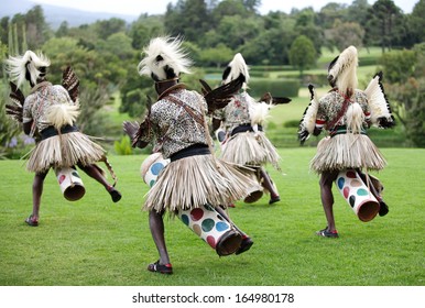 NANYUKI, KENYA-OCTOBER 17: A group of Kenyan people performs African traditional folk dance at Mount Kenya Safari Club on October 17, 2013, Nanyuki, Kenya