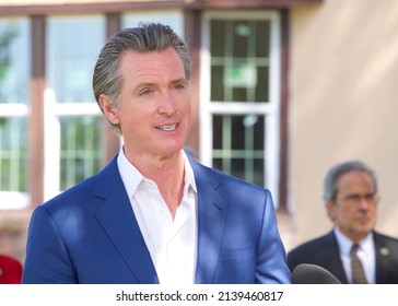 Napa, CA - March 24, 2022: California Governor Gavin Newsom speaking at a press conference outside Napa State Hospital after the CARE Court Roundtable meeting.