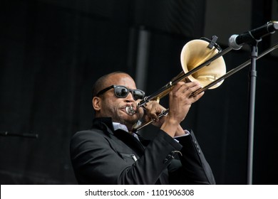 NAPA, CA - MAY 25, 2018: Trombone Shorty And Orleans Avenue In Concert At BottleRock Napa Valley In Napa, CA