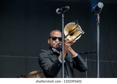 NAPA, CA - MAY 25, 2018: Trombone Shorty And Orleans Avenue In Concert At BottleRock Napa Valley In Napa, CA