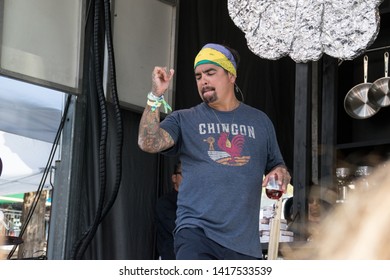 NAPA, CA - MAY 25, 2019: Amirah Kassem, Aaron Sanchez, Juanes At The Culinary Stage At BottleRock Napa Valley In Napa, CA