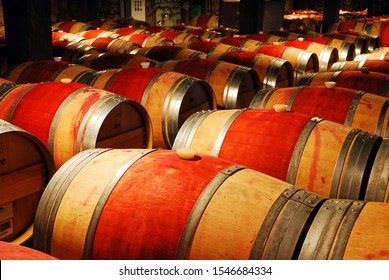 Napa, CA, USA August 20 Wine Ages In Oak Wood Barrels In A Cellar In Napa, California