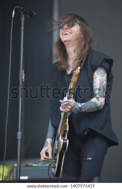 Napa, CA/USA: 5/25/19: Laura Jane Grace (born Thomas\
James Gabel) leads the band Against Me! at BottleRock. In 2012 she\
was the first highly visible punk rock musician to come out as\
transgender. 