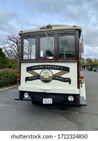 Napa Valley, California / March 6, 2020: Napa Valley Wine Trolley Taking People Wine Tasting. Empty. Transportation. Parked.