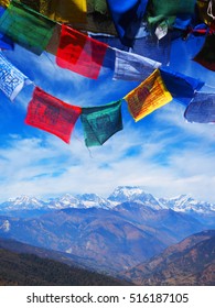 Napal traditional flag with Annapurna mountain scene, Nepal