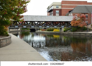 Naperville Riverwalk Covered Bridge Over The Dupage River