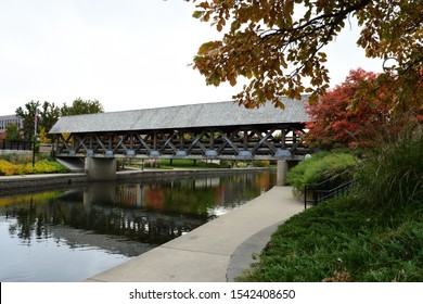 Naperville Riverwalk Covered Bridge Over The Dupage River