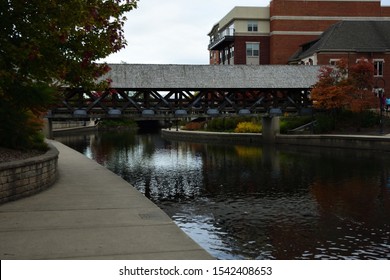 Naperville Riverwalk Covered Bridge Over The Dupage River