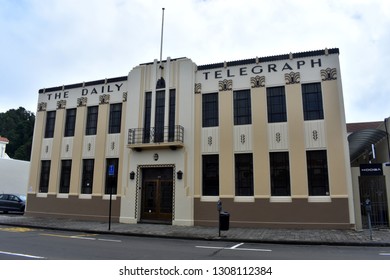 Napier, New Zealand, December 24, 2018: Daily Telegraph building, one of Napier's most famous art deco buildings. After an earthquake in 1931 Napier was rebuilt in art deco style.