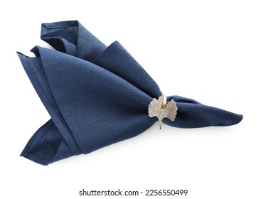 Napkin with decorative ring for table setting isolated on white, top view