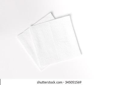 Napkin Isolated On White Background. Kitchen Paper Serviette. Clean Food Towel In Restaurant. Single Square Shape Object. Blank Tablecloth On Table. Domestic, Cafe Cloth. 