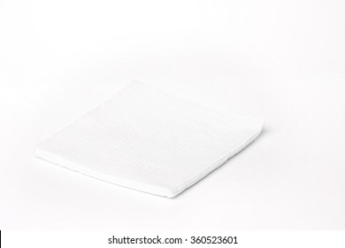 Napkin Isolated On White Background. Kitchen Paper Serviette. Clean Food Towel In Restaurant. Single Square Shape Object. Blank Tablecloth On Table. Domestic, Cafe Cloth. 