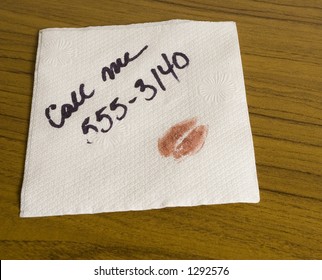 Napkin with a kiss and a phone number