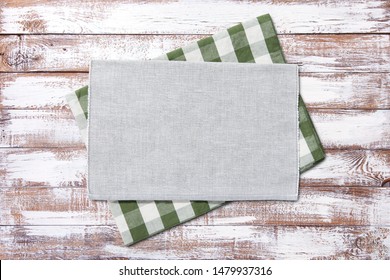 Napkin. Kitchen Towel Or Table Cloth On White Wooden Scene. Mock Up For Design. Top View Mockup.