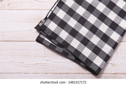 Napkin. Kitchen Towel Or Table Cloth On White Wooden Scene. Mock Up For Design. Top View Mockup.