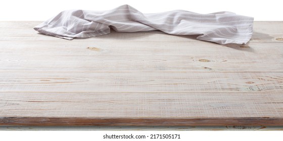 Napkin, Table Cloth On Wooden Deck Front View Mockup